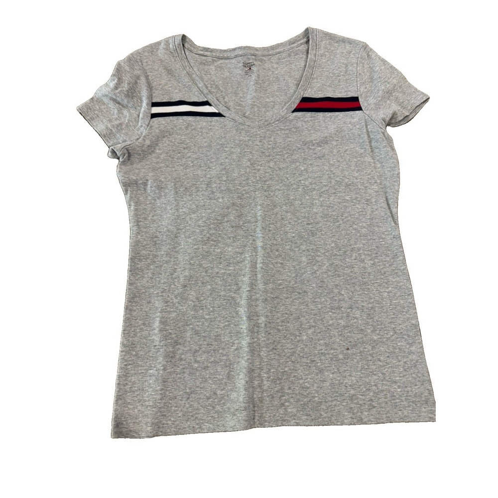 Tommy Hilfiger Women's L Gray Cotton Knit Crew Neck Short Sleeve Tee Stripe